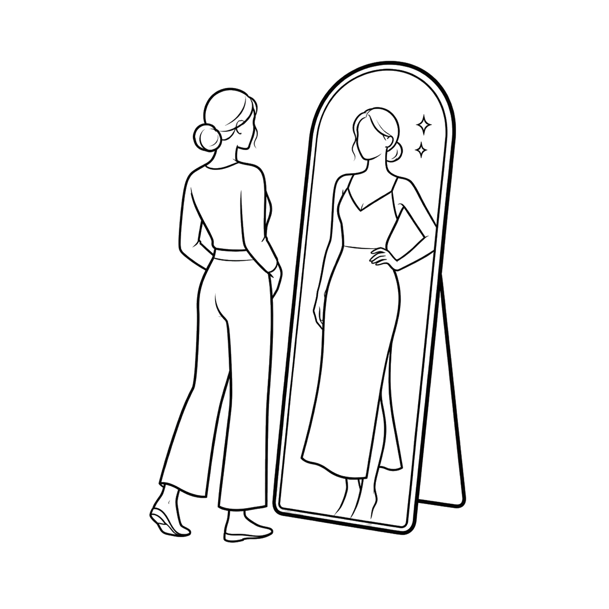 A line illustration of a person viewing a try-on in the Forma Mirror